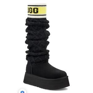 New Ugg Classic Sweater Letter Tall Platform Boots Womens Size 7 Black Green